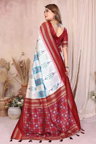 White Color Ikat Weaving Silk Saree