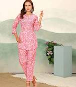 Light pink floral print cotton blend co-ord set for women