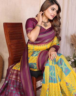Yellow Color Ikat Weaving Silk Saree 1