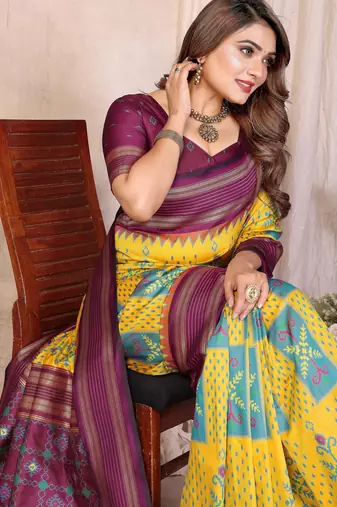 Yellow Color Ikat Weaving Silk Saree