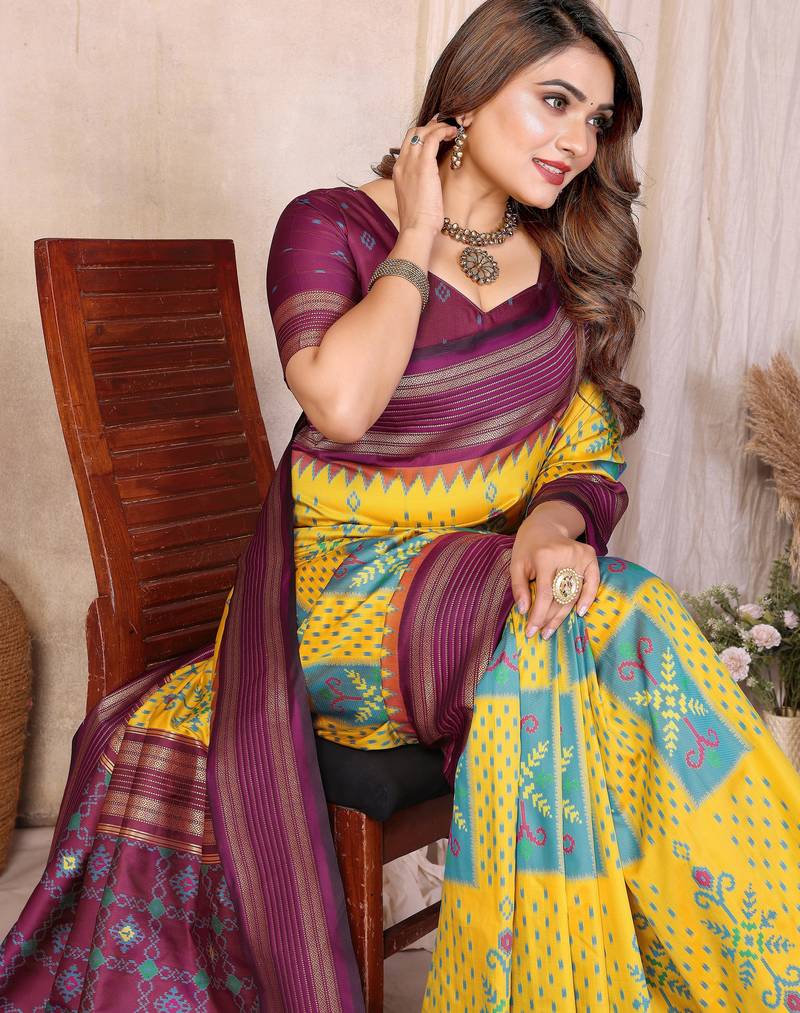 Yellow Color Ikat Weaving Silk Saree