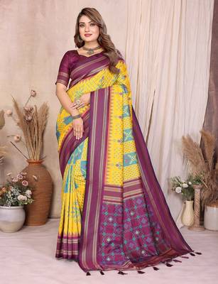 Yellow Color Ikat Weaving Silk Saree 2