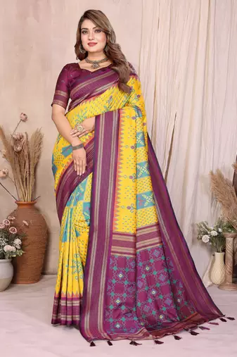 Yellow Color Ikat Weaving Silk Saree