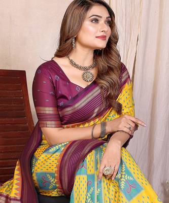 Yellow Color Ikat Weaving Silk Saree 3