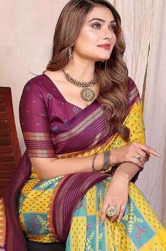 Yellow Color Ikat Weaving Silk Saree