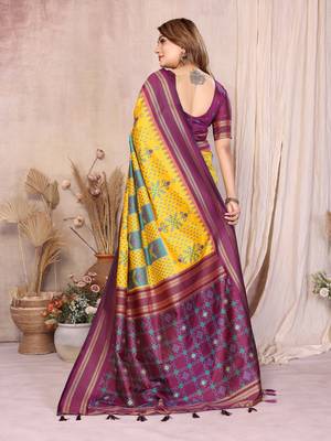 Yellow Color Ikat Weaving Silk Saree 4