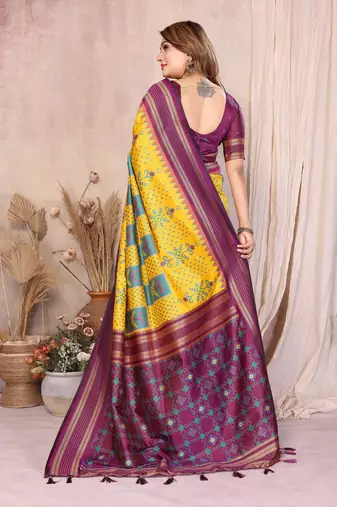 Yellow Color Ikat Weaving Silk Saree