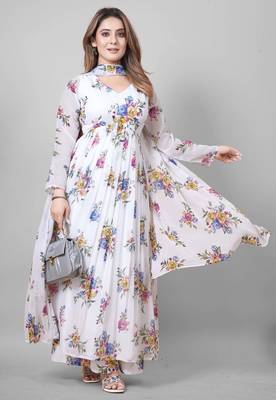 White floral print poly georgette kurta set for women 1