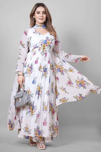 White floral print poly georgette kurta set for women