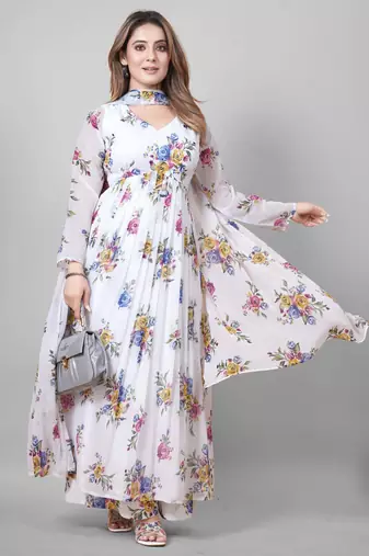 White floral print poly georgette kurta set for women