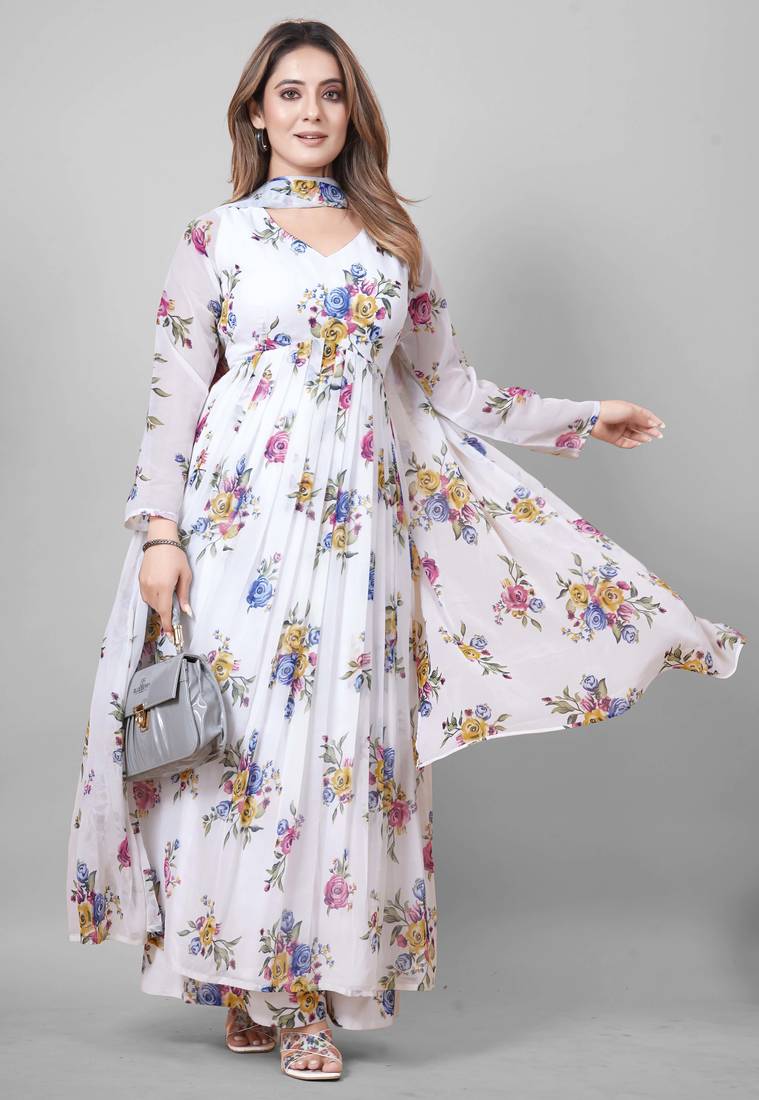 White floral print poly georgette kurta set for women
