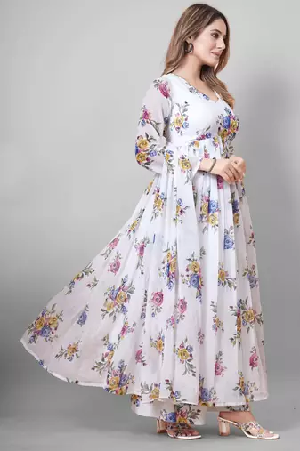 White floral print poly georgette kurta set for women
