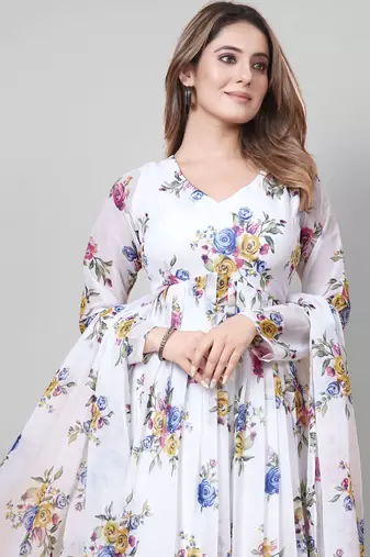 White floral print poly georgette kurta set for women