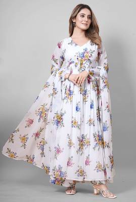 White floral print poly georgette kurta set for women 5