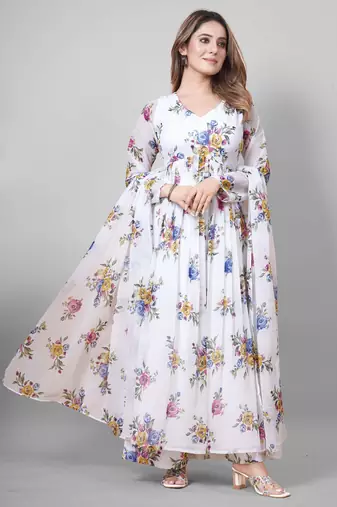 White floral print poly georgette kurta set for women