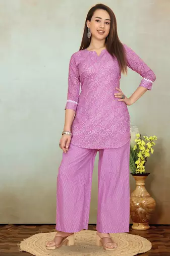 Purple printed cotton blend co-ord set for women