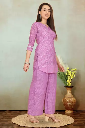 Purple printed cotton blend co-ord set for women
