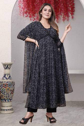 Black floral print georgette kurta set for women