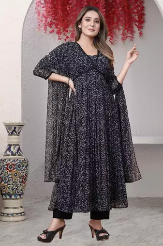 Black floral print georgette kurta set for women