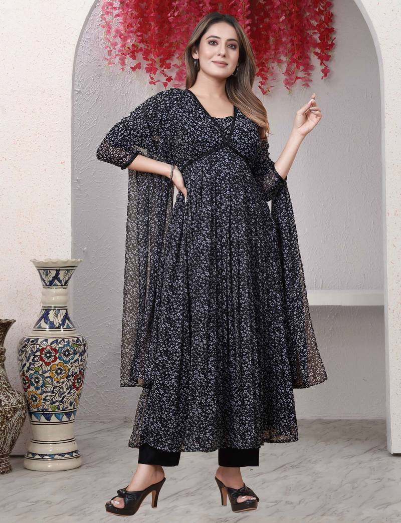 Black floral print georgette kurta set for women