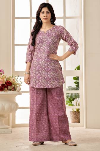 Mauve geometric print cotton blend co-ord set for women