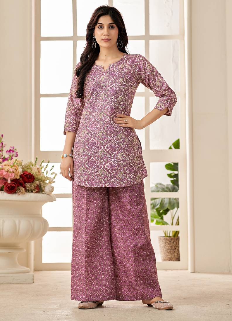 Mauve geometric print cotton blend co-ord set for women