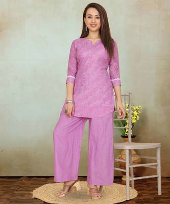 Purple printed cotton blend co-ord set for women 5