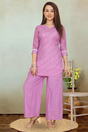 Purple printed cotton blend co-ord set for women