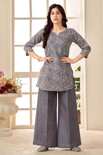 Grey geometric print cotton blend co-ord set for women