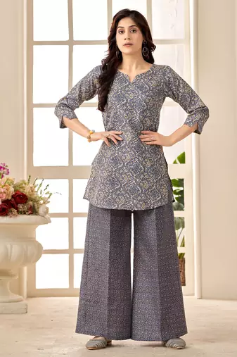 Grey geometric print cotton blend co-ord set for women