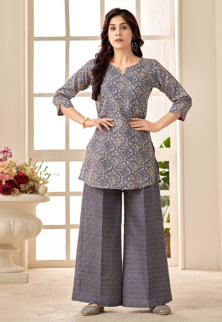 Grey geometric print cotton blend co-ord set for women