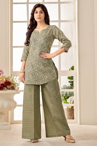 Green geometric print cotton blend co-ord set for women