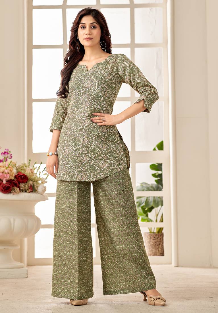 Green geometric print cotton blend co-ord set for women