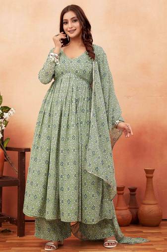 Pista green ethnic print georgette kurta set for women