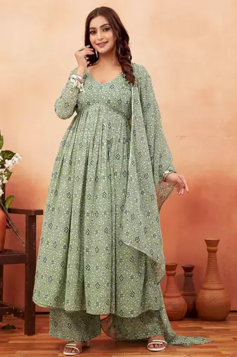 Pista green ethnic print georgette kurta set for women