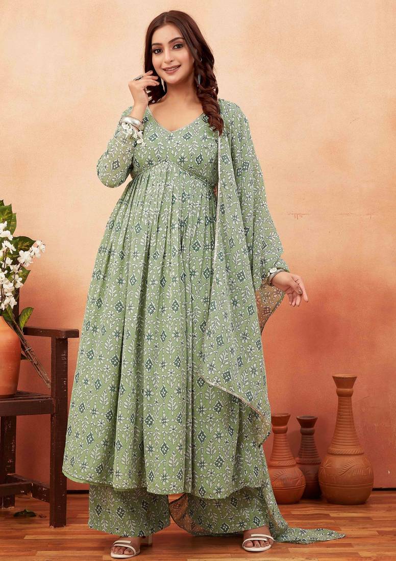 Pista green ethnic print georgette kurta set for women