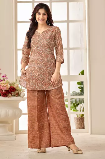 Rust geometric print cotton blend co-ord set for women