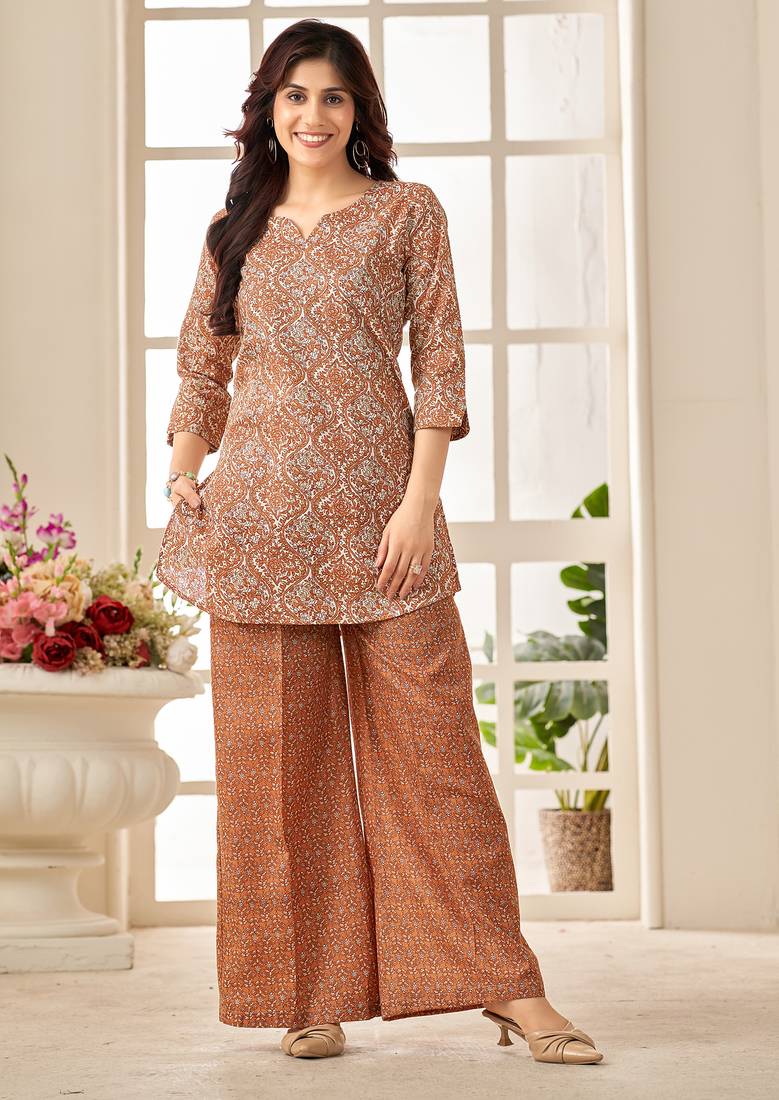 Rust geometric print cotton blend co-ord set for women