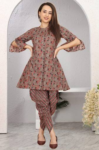 Brown block print cotton blend co-ord set for women
