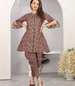Brown block print cotton blend co-ord set for women