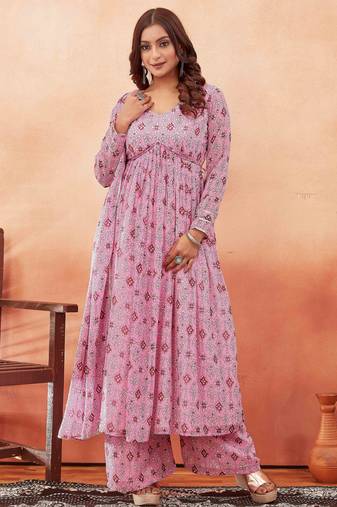 Pink ethnic print georgette kurta set for women