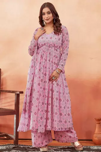 Pink ethnic print georgette kurta set for women