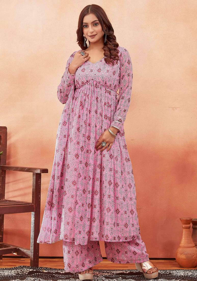 Pink ethnic print georgette kurta set for women