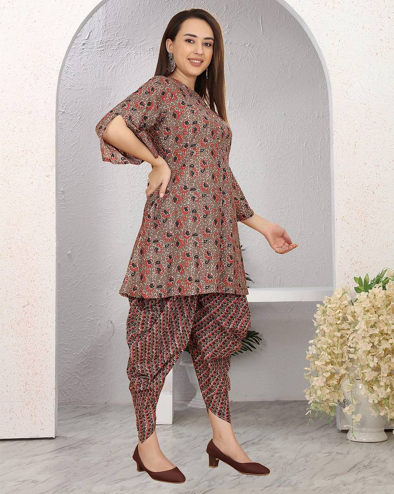Brown block print cotton blend co-ord set for women