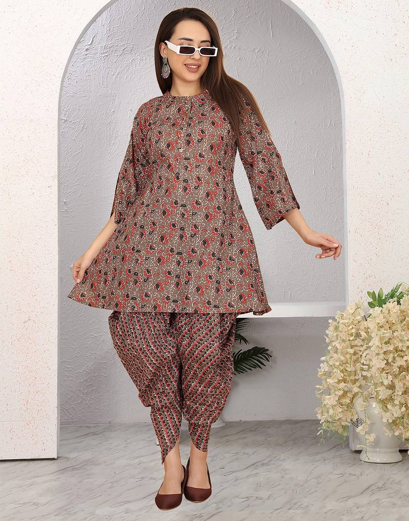 Brown block print cotton blend co-ord set for women