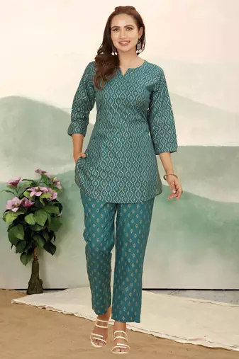 Teal green ethnic print cotton blend co-ord set for women