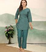 Teal green ethnic print cotton blend co-ord set for women