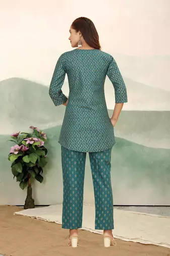 Teal green ethnic print cotton blend co-ord set for women