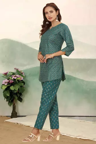 Teal green ethnic print cotton blend co-ord set for women