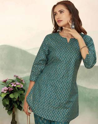 Teal green ethnic print cotton blend co-ord set for women 4